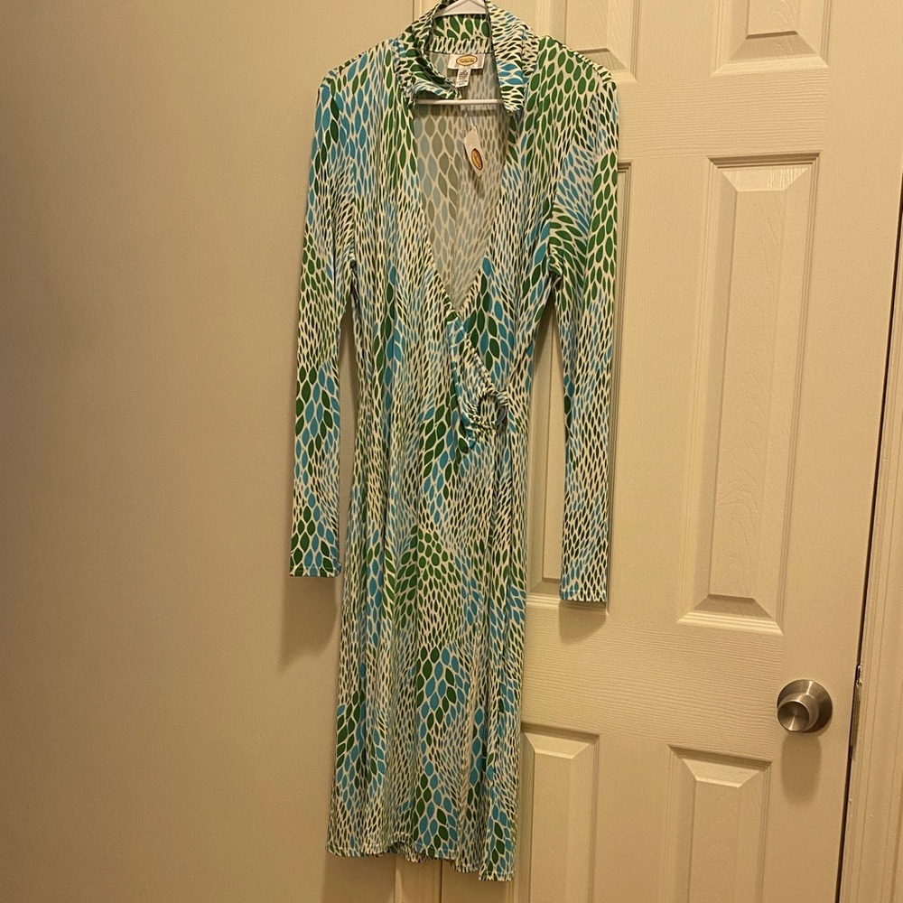 Talbots Teal and White Long Sleeve Dress